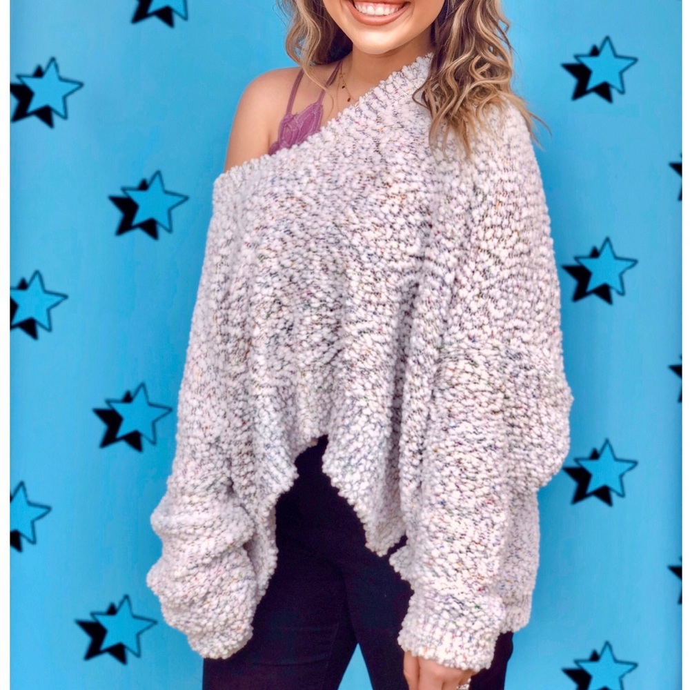 Oversized multi-colored popcorn sweater.
